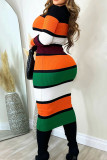Rose Red Elegant Color Block Patchwork Contrast O Neck Long Dress Dresses