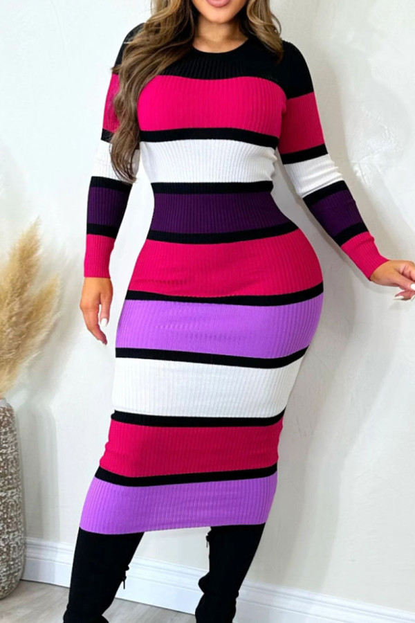 Rose Red Elegant Color Block Patchwork Contrast O Neck Long Dress Dresses