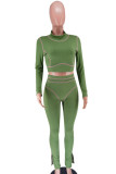 Green Casual Solid Patchwork Slit Contrast Half A Turtleneck Long Sleeve Two Pieces