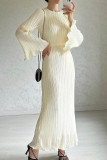 Grey Street Solid Patchwork Pleated O Neck Long Dress Dresses