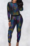 Blue Sexy Sequins Patchwork O Neck Long Sleeve Two Pieces