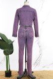Light Purple College Solid Ripped Pocket Buckle Buttons Zipper Turndown Collar Long Sleeve Two Pieces