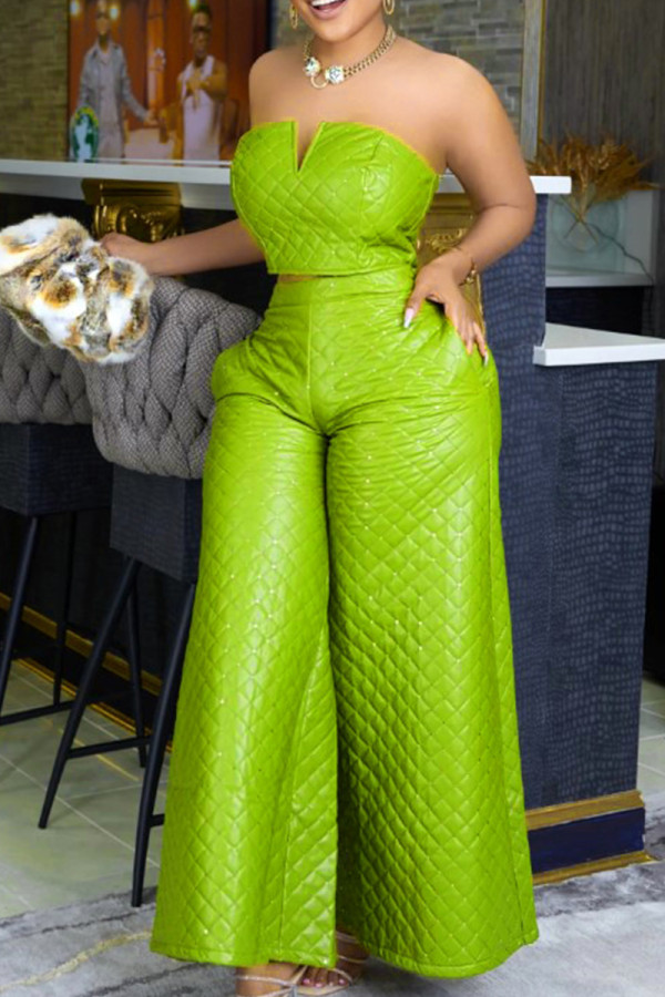 Green Casual Solid Patchwork Strapless Sleeveless Two Pieces