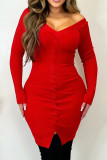 Red Elegant Solid Patchwork V Neck Sheath Dresses