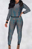 Colour Sexy Sequins Patchwork O Neck Long Sleeve Two Pieces