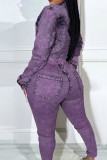 Light Purple College Solid Ripped Pocket Buckle Buttons Zipper Turndown Collar Long Sleeve Two Pieces