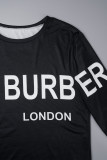 Black Casual Street Print Letter O Neck Tops