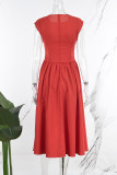 Red Sweet Solid Patchwork Zipper O Neck A Line Dresses