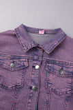 Light Purple College Solid Ripped Pocket Buckle Buttons Zipper Turndown Collar Long Sleeve Two Pieces