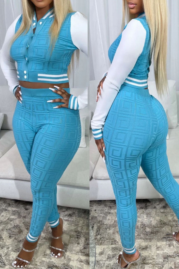 Blue Casual Color Block Patchwork Buckle O Neck Long Sleeve Two Pieces