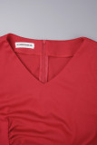 Red Casual Solid Flounce V Neck Long Sleeve Two Pieces