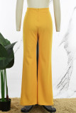 Yellow Casual Solid Basic Regular High Waist Conventional Solid Color Trousers