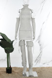 Grey Sexy Casual Solid Ripped Hollowed Out Turtleneck Long Sleeve Three Piece Set