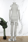 Grey Sexy Casual Solid Ripped Hollowed Out Turtleneck Long Sleeve Three Piece Set
