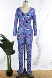 Baby Blue Casual Living Print Buttons V Neck Skinny Jumpsuits