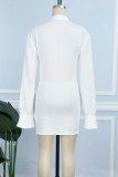 White Sexy Casual Solid Patchwork Turndown Collar Long Sleeve Dresses