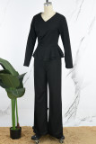 Black Casual Solid Flounce V Neck Long Sleeve Two Pieces