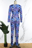 Dark Blue Casual Living Print Buttons V Neck Skinny Jumpsuits