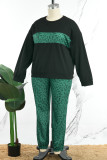 Ink Green Casual Print Leopard Patchwork O Neck Plus Size Two Pieces