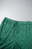 Army Green Casual Print Leopard Patchwork O Neck Plus Size Two Pieces
