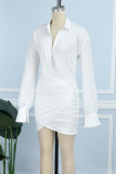 White Sexy Casual Solid Patchwork Turndown Collar Long Sleeve Dresses