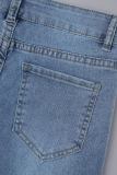 Deep Blue Casual Solid Patchwork High Waist Skinny Denim Jeans