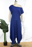 Royal Blue Casual Solid Backless Oblique Collar Short Sleeve Two Pieces