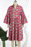 Red Casual Print Patchwork V Neck Long Sleeve Dresses (Subject To The Actual Object )