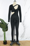Black Sexy Casual Solid Hollowed Out Patchwork Oblique Collar Skinny Jumpsuits