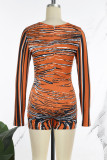 Orange Casual Print Basic O Neck Skinny Rompers