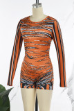 Orange Casual Print Basic O Neck Skinny Rompers