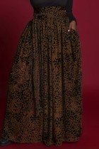 Dark Brown Casual Print Basic Plus Size High Waist Skirt