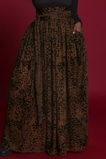 Dark Brown Casual Print Basic Plus Size High Waist Skirt