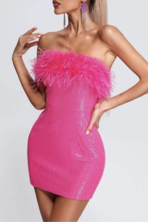 Pink Sexy Patchwork Sequins Backless Strapless Wrapped Skirt Dresses