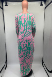 Pink Casual Print Basic O Neck Long Sleeve Dresses