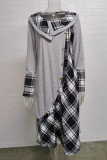 Grey Red Casual Plaid Print Patchwork O Neck Long Sleeve Dresses
