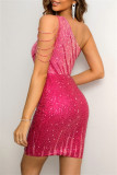 Rose Red Sexy Party Formal Patchwork Sequins Backless Oblique Collar Wrapped Skirt Dresses