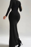 Black Casual Solid Frenulum Basic U Neck Long Dress Dresses
