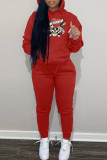 Red Casual Print Basic Hooded Collar Long Sleeve Two Pieces