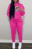 Red Casual Print Basic Hooded Collar Long Sleeve Two Pieces
