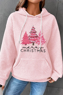 Pink Casual Christmas Tree Printed Basic Hooded Collar Tops