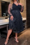 Tibetan Blue Casual Patchwork See-through V Neck Long Sleeve Plus Size Dresses