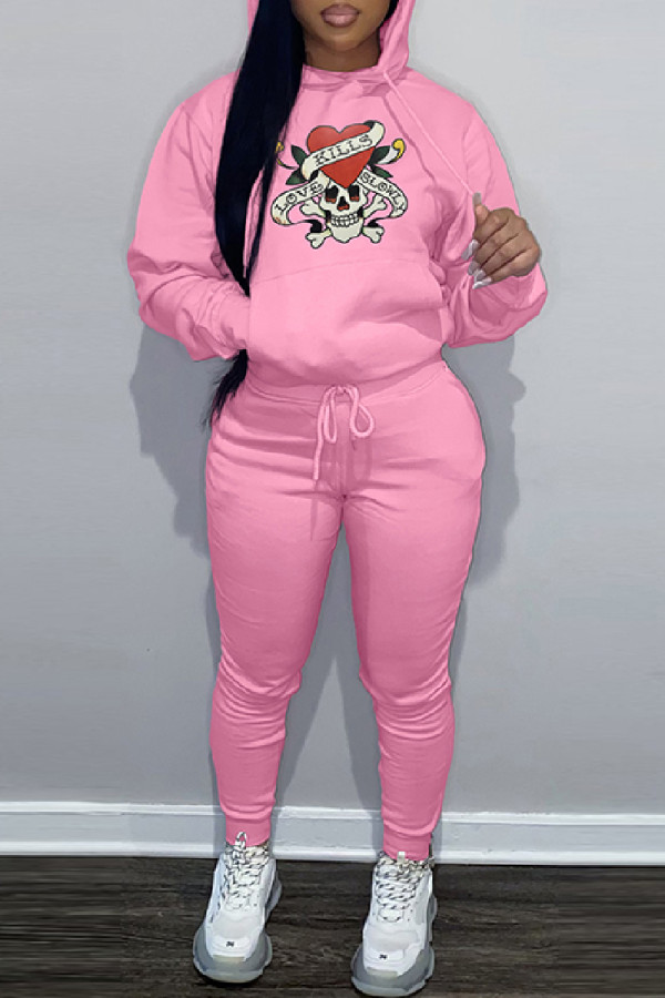 Pink Casual Print Basic Hooded Collar Long Sleeve Two Pieces