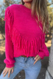Pink Casual Solid Tassel O Neck Tops