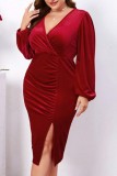 Red Casual Solid Slit Fold V Neck Long Sleeve Plus Size Dresses