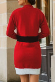 Red Casual Patchwork Basic O Neck Long Sleeve Dresses