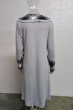 Grey Red Casual Plaid Print Patchwork O Neck Long Sleeve Dresses