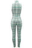 Green Sweet Plaid Patchwork O Neck Skinny Jumpsuits