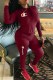 Burgundy Casual Letter Patchwork O Neck Long Sleeve Two Pieces