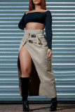 Khaki Casual Solid Patchwork Slit Regular High Waist Conventional Solid Color Skirts